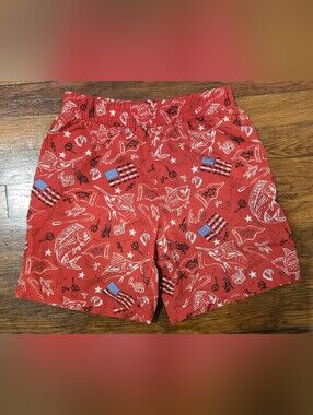 Columbia PFG Youth Medium 10/12 Red Fishing Swim Trunks Patriotic Print